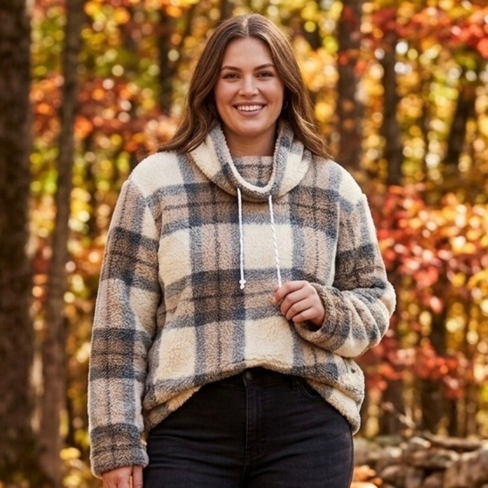 Marissa Olivia New York Plaid Sherpa Cowl Neck Pullover Sweater Tan Gray 3X